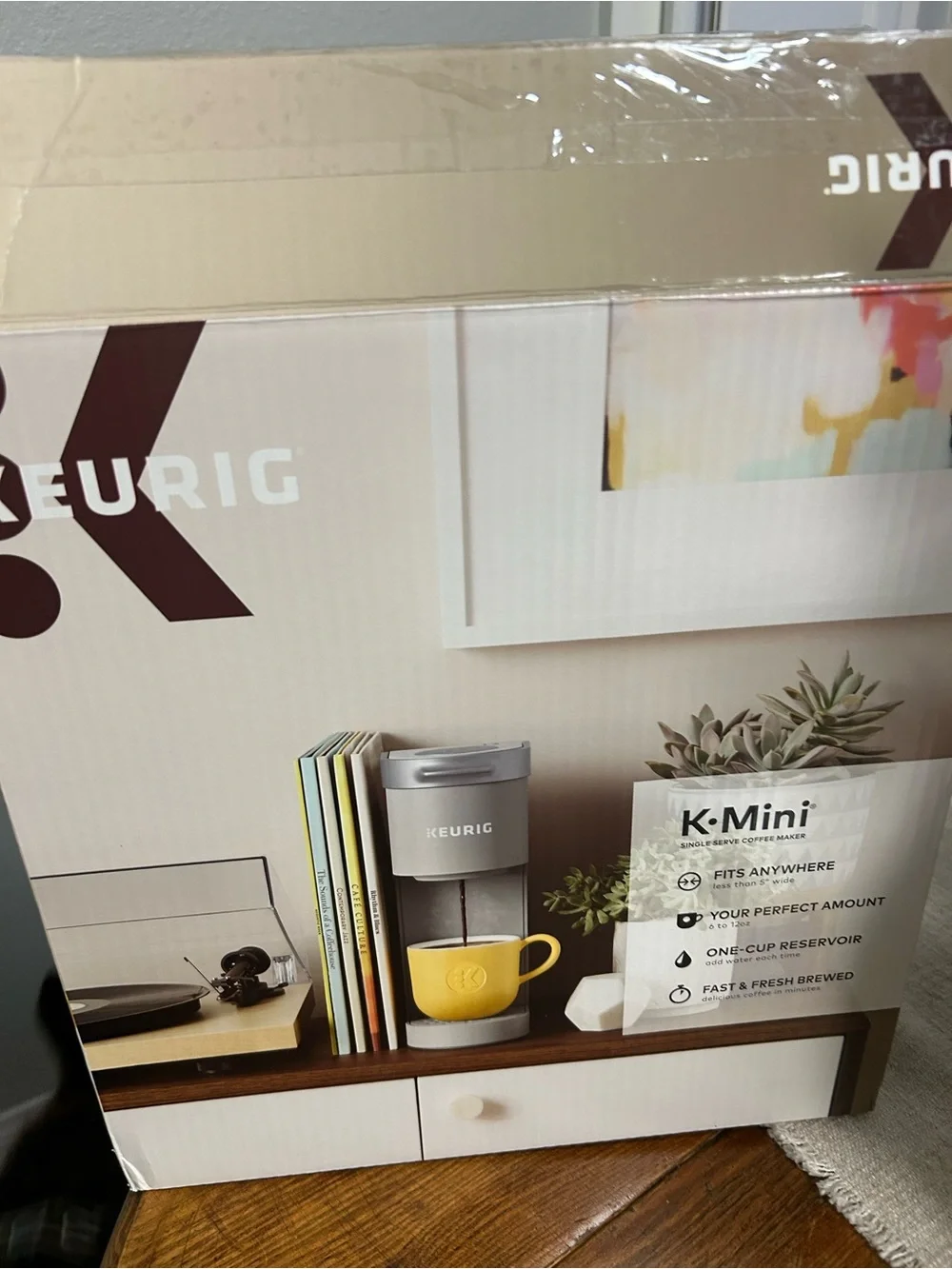 Brand new Keurig K-Mini Single Serve Coffee Maker Box with Yellow Mug Artwork